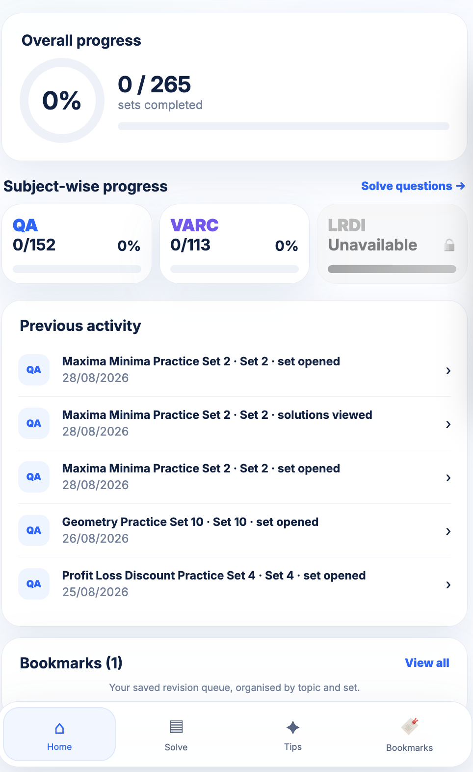 Setwise student dashboard overview